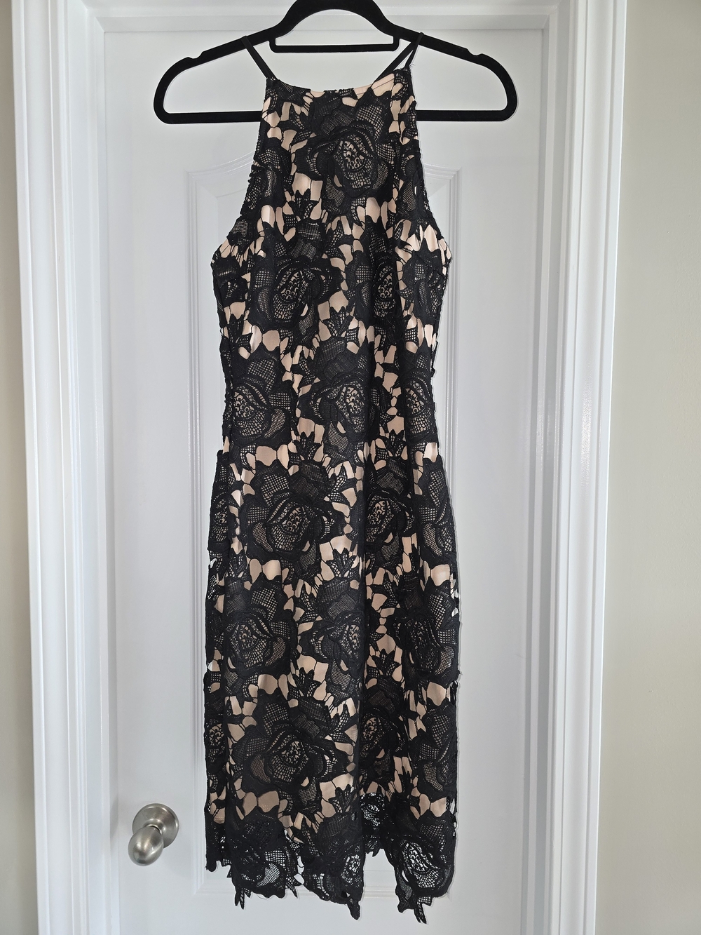 Sleeveless Black Lace Overlay Cocktail Dress with Nude Lining